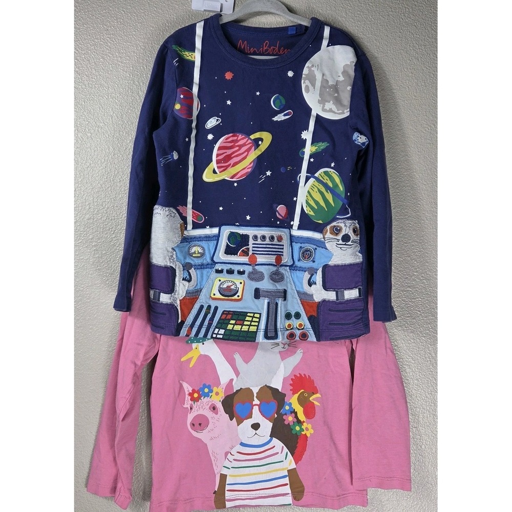 Mini Boden Boys 2 Shirt Bundle 5-6Y 116 Space Astronaut Animal Long Sleeve